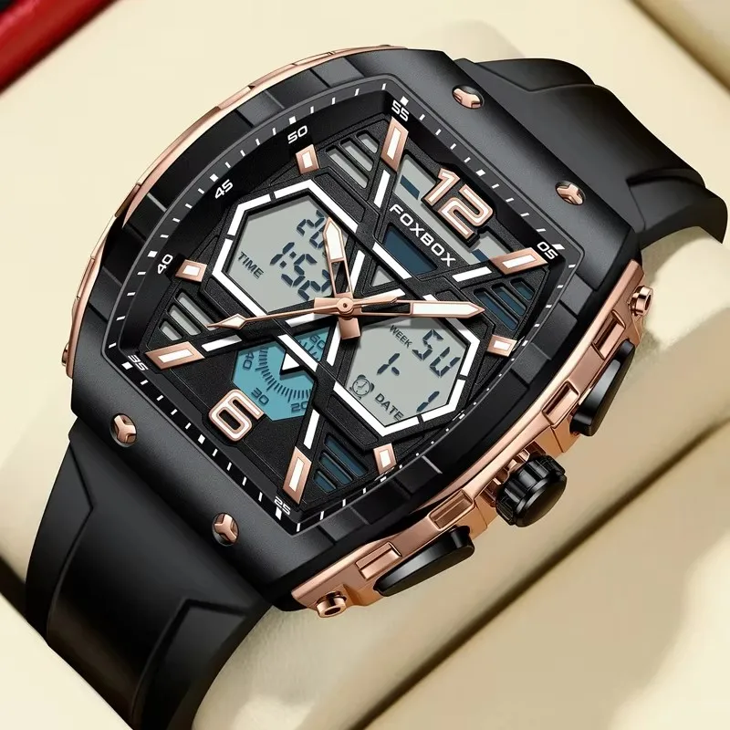 Relogio Masculino FOXBOX Männer Uhr Luxus Wasserdichte Quarz Dual Display Armbanduhr Leucht Sport Silikon Uhr Mann Uhren Image