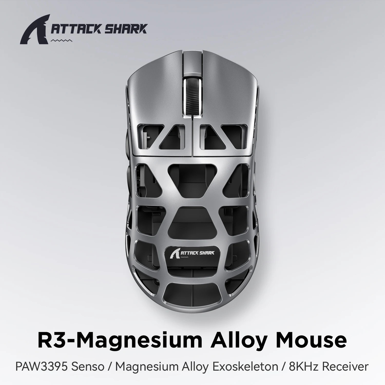 ATTACK SHARK R3 8 kHz Maus aus Magnesiumlegierung, PixArt PAW3395-Sensor, bis zu 26000 DPI, 2,4 G/BT/kabelgebunden, 46 g superleicht, für PC/Mac Image
