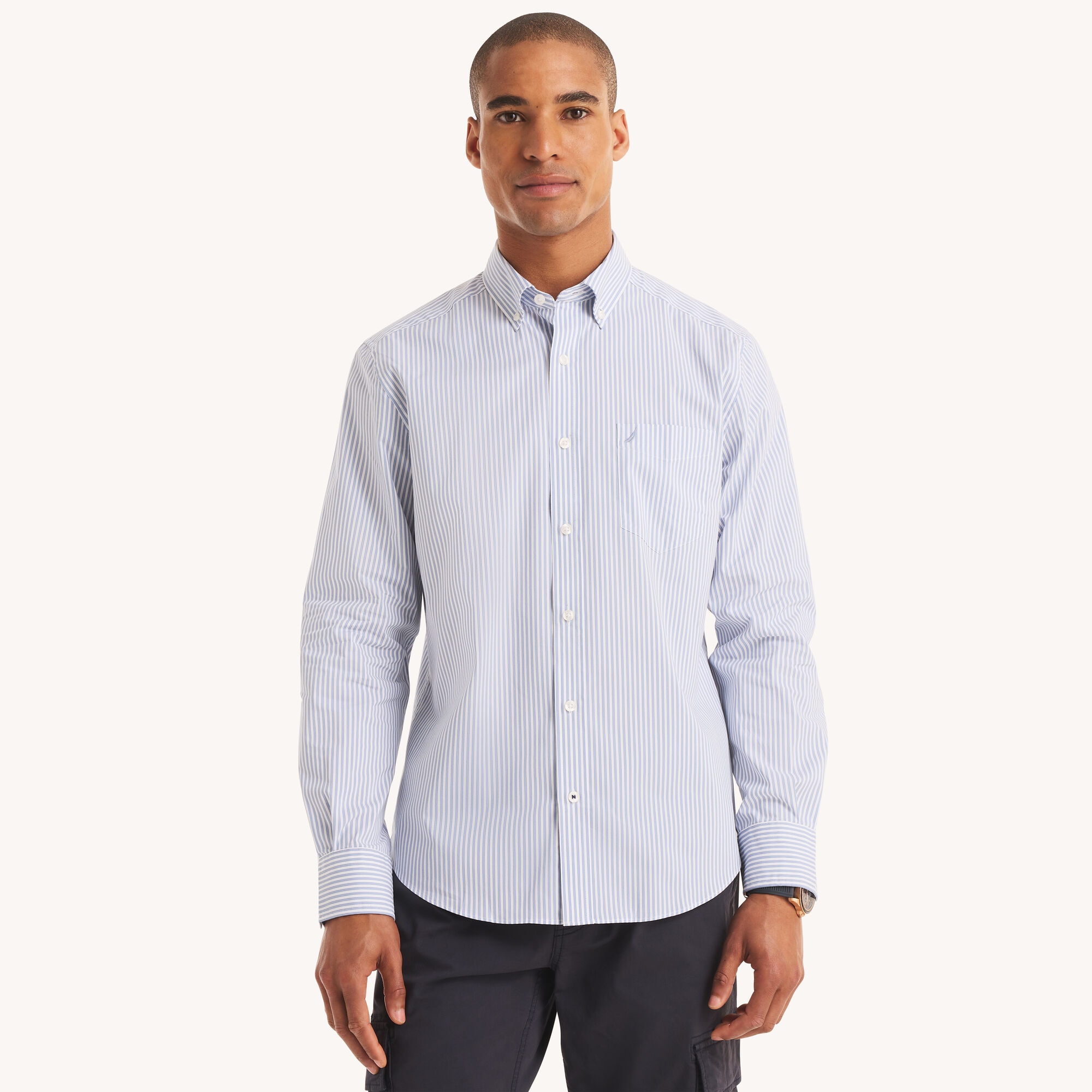 Nautica Men's Classic Fit Wrinkle-Resistant Striped Shirt 101 (Bright White), L