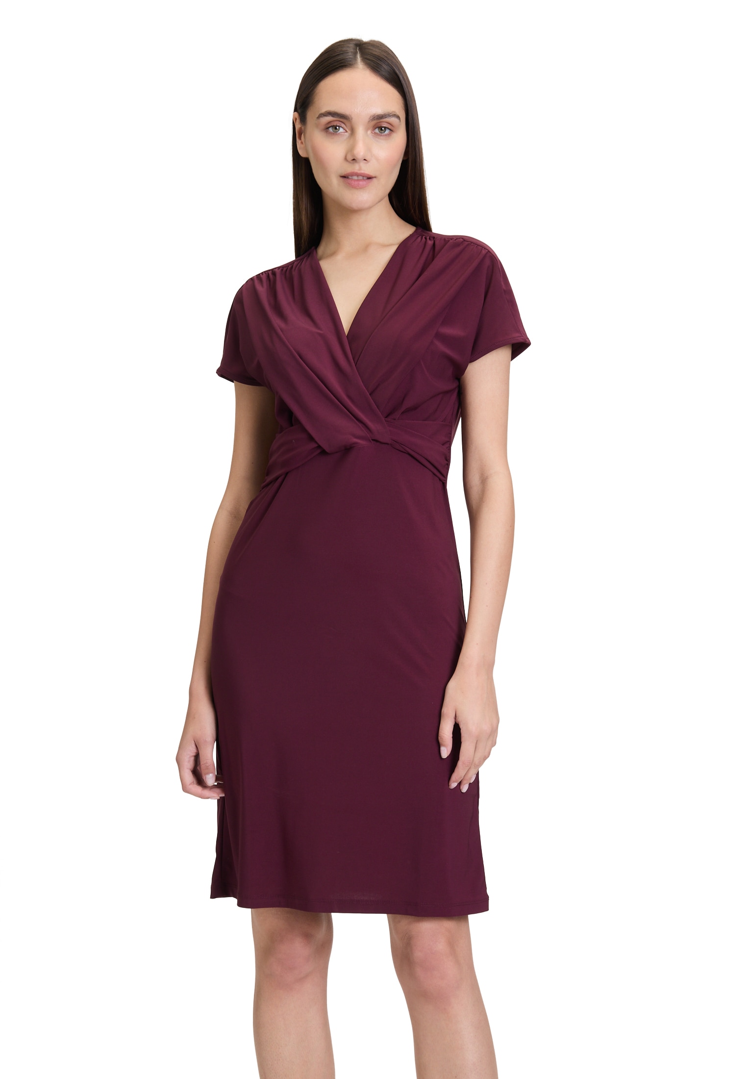 Jerseykleid CARTOON "Damen Jerseykleid mit Raffung", Damen, Gr. 34, Normalgrößen, lila (schwarz aubergine), Obermaterial: 95% Polyester, 05% Elasthan., Feminin, figurbetont kurz, V-Ausschnitt, Kleider Image
