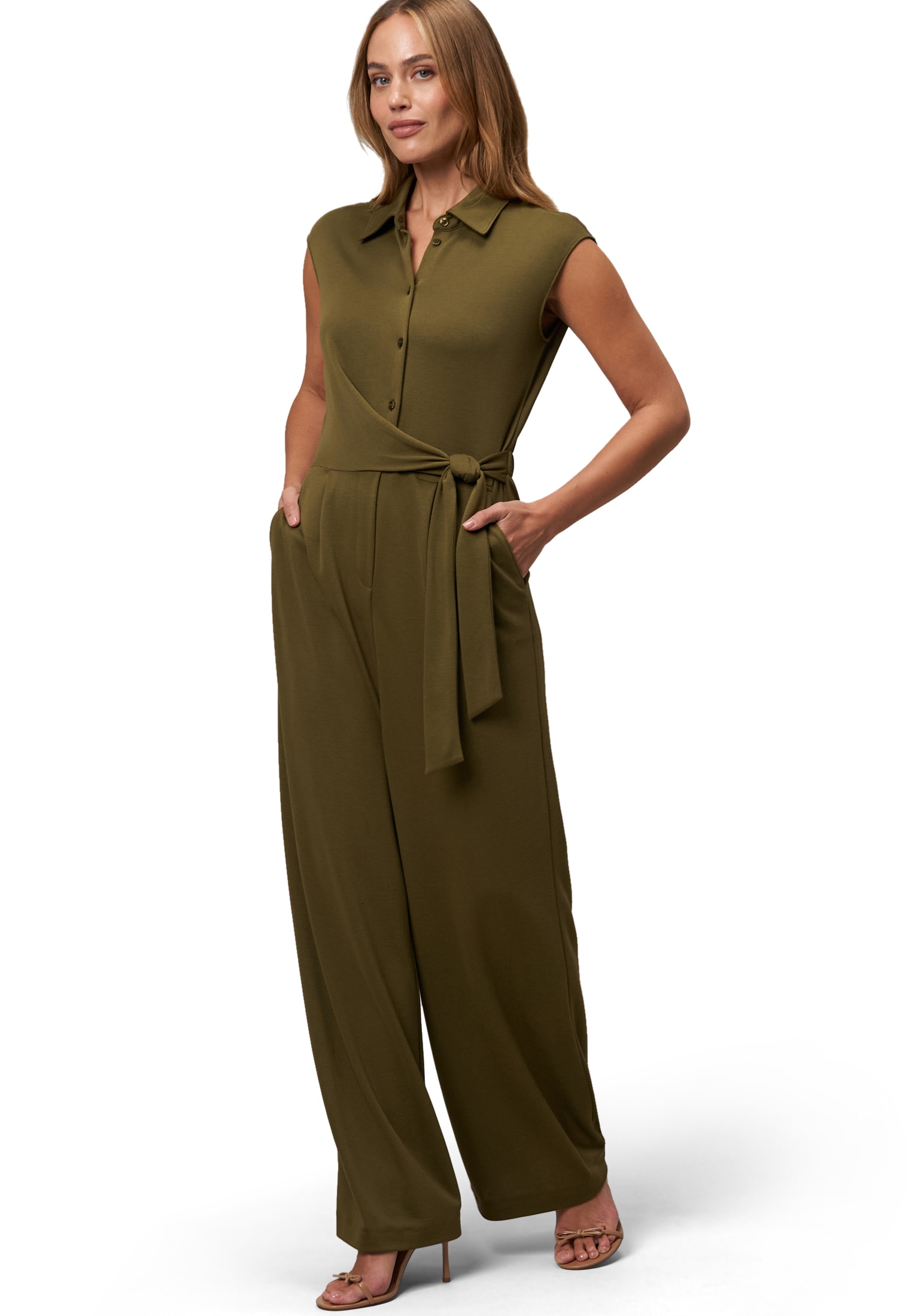 Overall ZERO "Damen Jersey-Jumpsuit mit Knopfleiste", Damen, Gr. 38, grün (schwarz olive), Jersey, Obermaterial: 70% Modal, 30% Polyester. Ärmelfutter: ohne Futter., unifarben, figurbetont lang, Overalls, Gürtel Image