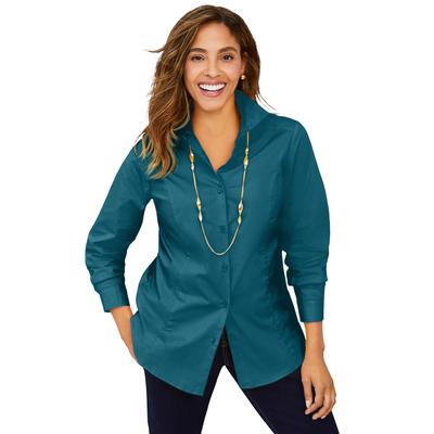 Plus Size Women's Wrinkle-Free Stretch Poplin Shirt by Jessica London in Teal (Size 14 W) Button Down Blouse