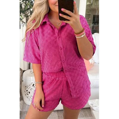 Pfirsichblüten Plus-Size Karierter Frottee-Strick-Shorts 2-teiliges Outfit Image