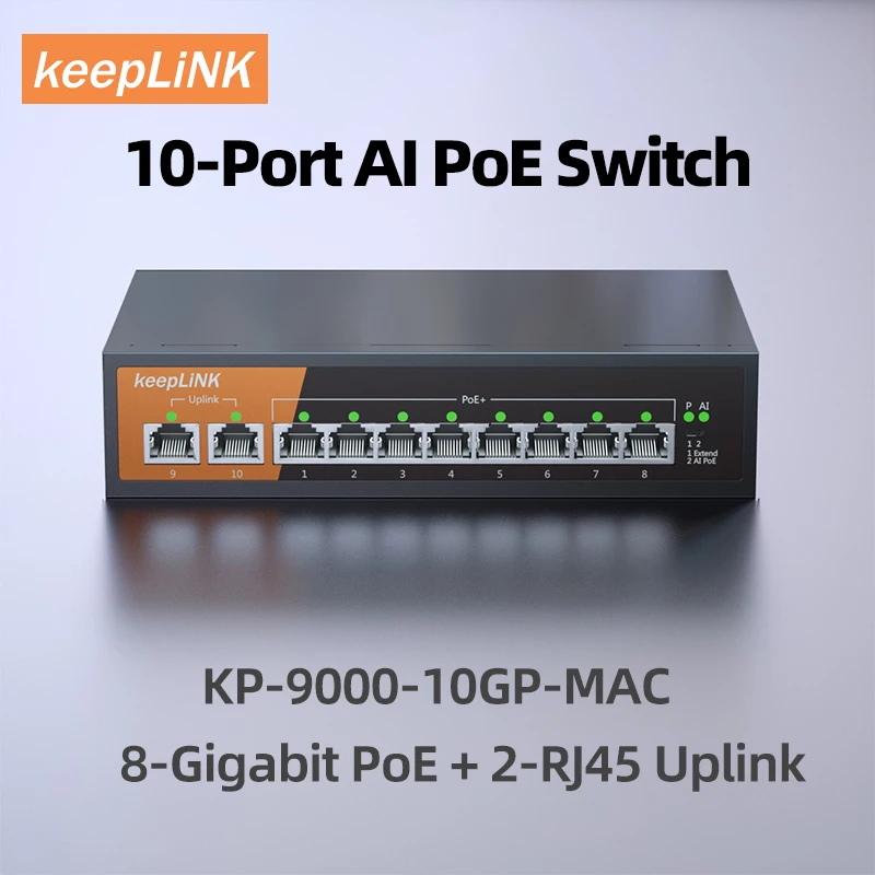 KeepLiNK Switch Ethernet Gigabit 10 ports avec 8 ports PoE et liaison montante en cuivre 2 RJ45 Plug and Play non gérés
