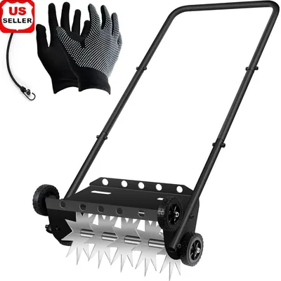Push Spike Aerator Lawn Tool Heavy Duty 18 Inch Aeration Equipment 45 Inch Handle 4 Wheels Garden Yard All Terrain Soil