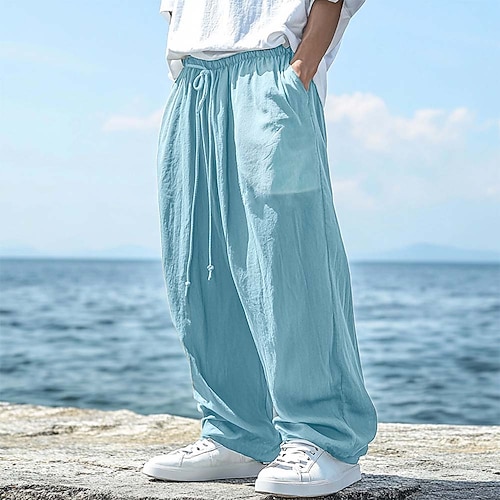 Herren Leinenhosen Hose Sommerhose Kordelzug Elastischer Bund Gerader Schnitt Einfach Komfort Atmungsaktiv Volle Länge Outdoor Lässig Täglich Mode Klassicher Stil Schwarz Marineblau Unelastisch Image