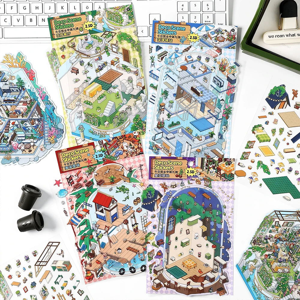 3 Blatt/Beutel Sticker Pack Kawaii Open Today PET 2.5D Landschaft Aufkleber für Scrapbook Journal Planer DIY Briefpapier Dekoration Image
