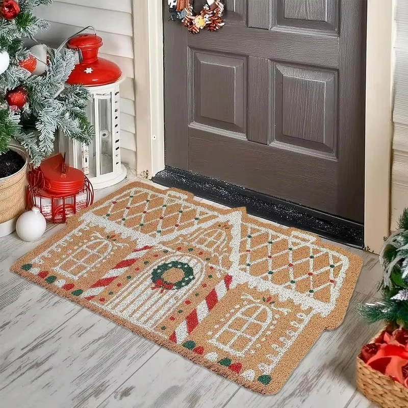 VIKAMA Weihnachts-Lebkuchenhaus-Bodenmatte für den Eingangsbereich, rutschfest, wasserabsorbierend, leicht zu reinigen, festliche Atmosphäre, dekorierter Teppich Image