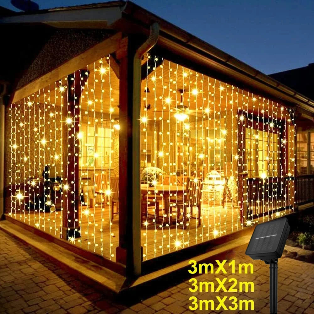 Solar-Vorhang-Licht für den Außenbereich, 3 x 3 m, 300 LEDs, Urlaubsdekorationen, Girlande, 8 Modi, Halloween, Weihnachten, Party, Dekoration, Lichterketten
