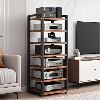 7 Tier Audio Rack Tower, Movable Record Player DVD Cd Audio Rack Tower Holder, Weight Capacity 661 Lbs, with Adjustable Wooden S