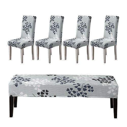 Bedruckte Stuhlhussen und Bankhussen-Sets für Esszimmerstühle, bestehend aus 5 Stück, 4 Stuhlhussen und 1 Bankhusse Image