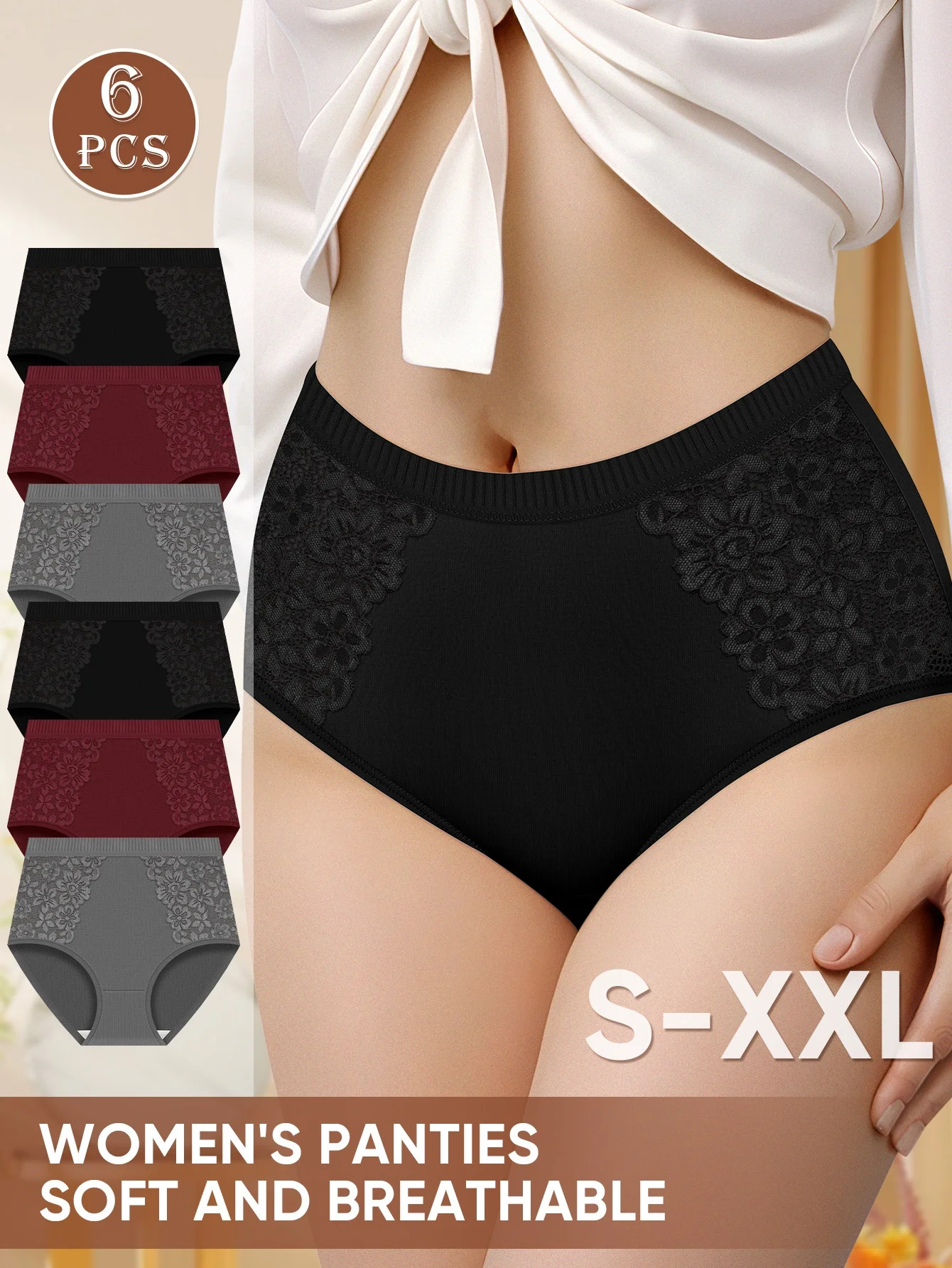 6er-Pack Damen-Dreieckshöschen mit hoher Taille und Bauchkontrolle, Spitzenbesatz, formende Taille, weiche, atmungsaktive Damenunterwäsche Image