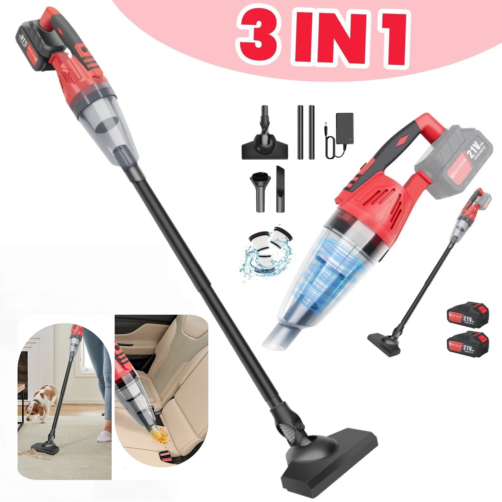 BRIEFNESS 5500Pa Akku-Staubsauger, Handstaubsauger für Autos, 2-in-1, mit LED-Licht, waschbarer HEPA-Filter für Haustierhaare, Heimbüro Image