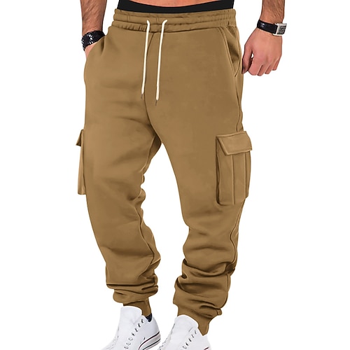 Herren Cargo-Hosen Fleecehose Jogginghose Hose Sporthose Elastischer Bund Kordelzug Mehrere Taschen Einfach Komfort Warm Volle Länge Outdoor Lässig Täglich Sport Mode Schwarz Weiß Image