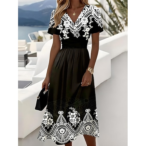 Frauen Elegante Midi Kleid A-Linien Kleid Wickelkleid V-Ausschnitt Kurzärmelig Bohemia Reguläre Passform Grafik Paisley Schwarz Rot Blau Grün Image