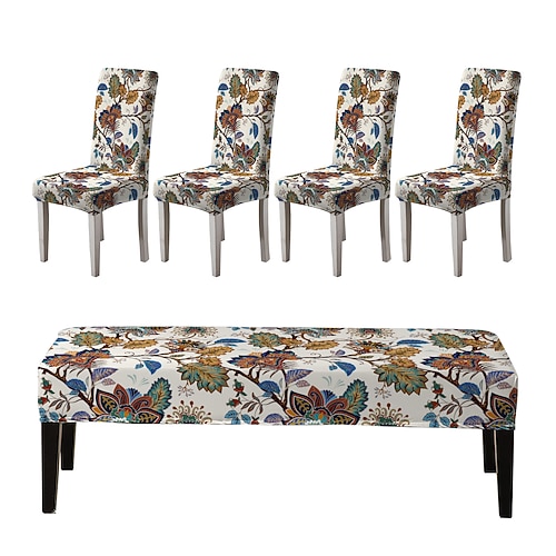 Bedruckte Stuhlhussen und Bankhussen-Sets für Esszimmerstühle, bestehend aus 5 Stück, 4 Stuhlhussen und 1 Bankhusse Image