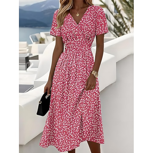 Frauen Elegante Midi Kleid A-Linien Kleid Wickelkleid V-Ausschnitt Kurzärmelig Kleid Sommerkleid Reguläre Passform Floral Grafik Polka Dot Gelb Rot Blau Lila Image