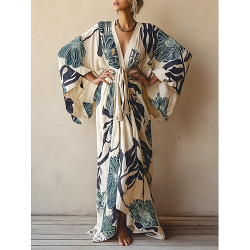 Langes Damenkleid Maxikleid Boho-Kleid Freizeitkleid Swing-Kleid Sommerkleid Vintage Urlaub Alltag Strand Regular Fit Blumen Langarm V-Ausschnitt Blau Sommer Frühling Herbst Image