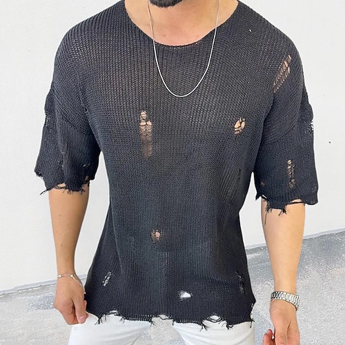 Herren Pullover Strickpullover Gerippt Stricken Normale Oberteile Gestrickt Loch Einfach Rundhalsausschnitt Mode Basic Urlaub Alltagskleidung Bekleidung Sommer Schwarz Weiß M L XL Image