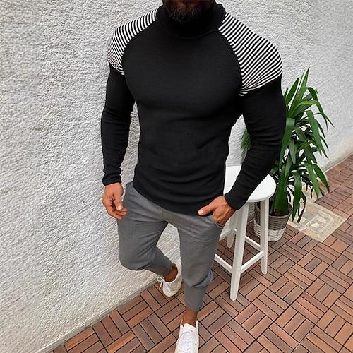 Herren Pullover Gerippt Stricken Normale Oberteile Gestrickt Schmale Passform Patchwork Rollkragen Strickware Modern Lässig Alltagskleidung Bekleidung Herbst Winter Schwarz Weiß S M L