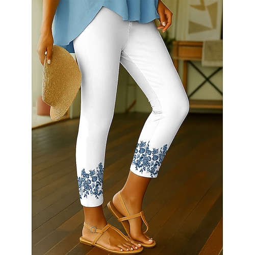 Damen Leggings Urlaub Vintage Ethno-Stil Knöchellang Hohe Taille Blumen Grafik 3D-Druck Schnelltrocknend Atmungsaktivität Weich Dehnbar Täglich Heim Outdoor Schwarz Weiß Blau Frühling Herbst Schmale Image