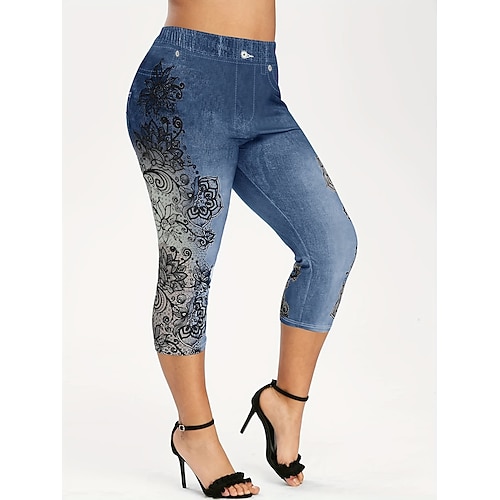 Damen 3/4 Strumpfhosen Gemütliche Leggings Stumpfhosen sportlich Wadenlang Hoher Bund Blumen Drucken Bequem Po-Lifting Bauchkontrolle Yoga Alltagstauglich Dunkelrot Marineblau Blau Purpur Frühling Image