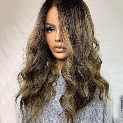 Remy Echthaar 5x5 Verschluss 13x4 Spitzenfront Perücke Freier Scheitel Brasilianisches Haar Gewellt Mehrfarbig Perücke 150% 180% Haardichte mit Babyhaaren Hervorgehobenes / Balayage-Haar 100 Image