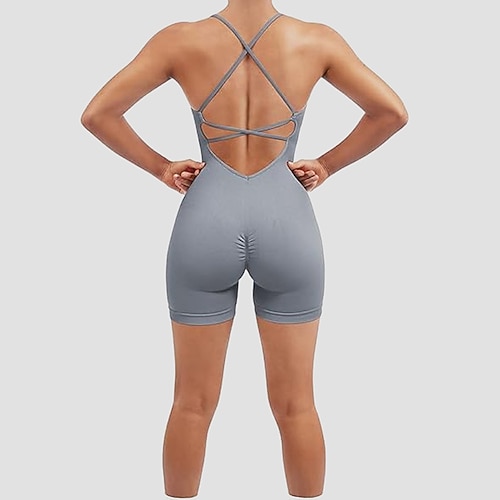 Damen Scrunch Yoga-Strampler Trainingsoveralls Rückenfrei Einfarbig Bodysuit Sommer Dunkelgrau Schwarz Fitnesstraining Volleyball Laufen Hohe Taille Bauchkontrolle Elastisch Atmungsaktiv Sport Image