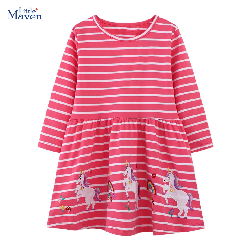 Little Maven 2023 Herbst Baby Mädchen Baumwolle Casual Kleider Tier Einhorn Mädchen Langarm Gestreiften Party Kleid für Kinder Kleidung Image