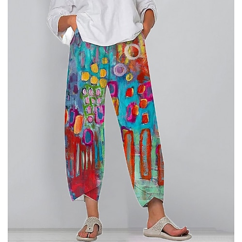 Damen Stoffhosen Abgeschnittene Hose Urlaub Vintage Ethno-Stil Knöchellang Hohe Taille Grafik Abstrakt Geometrisch Kordelzug Patchwork Elastischer Bund Bequem Atmungsaktivität Weich Unelastisch Image