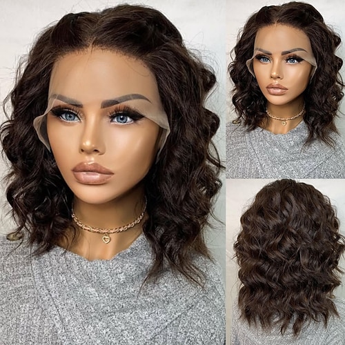 Echthaar 5x5 Verschluss 13x4 Spitzenfront Perücke Kurzer Bob Brasilianisches Haar Gewellt Tief lockig Kastanienbraun Mehrfarbig Perücke 130% 150% Haardichte mit Babyhaaren Natürlicher Haaransatz Image