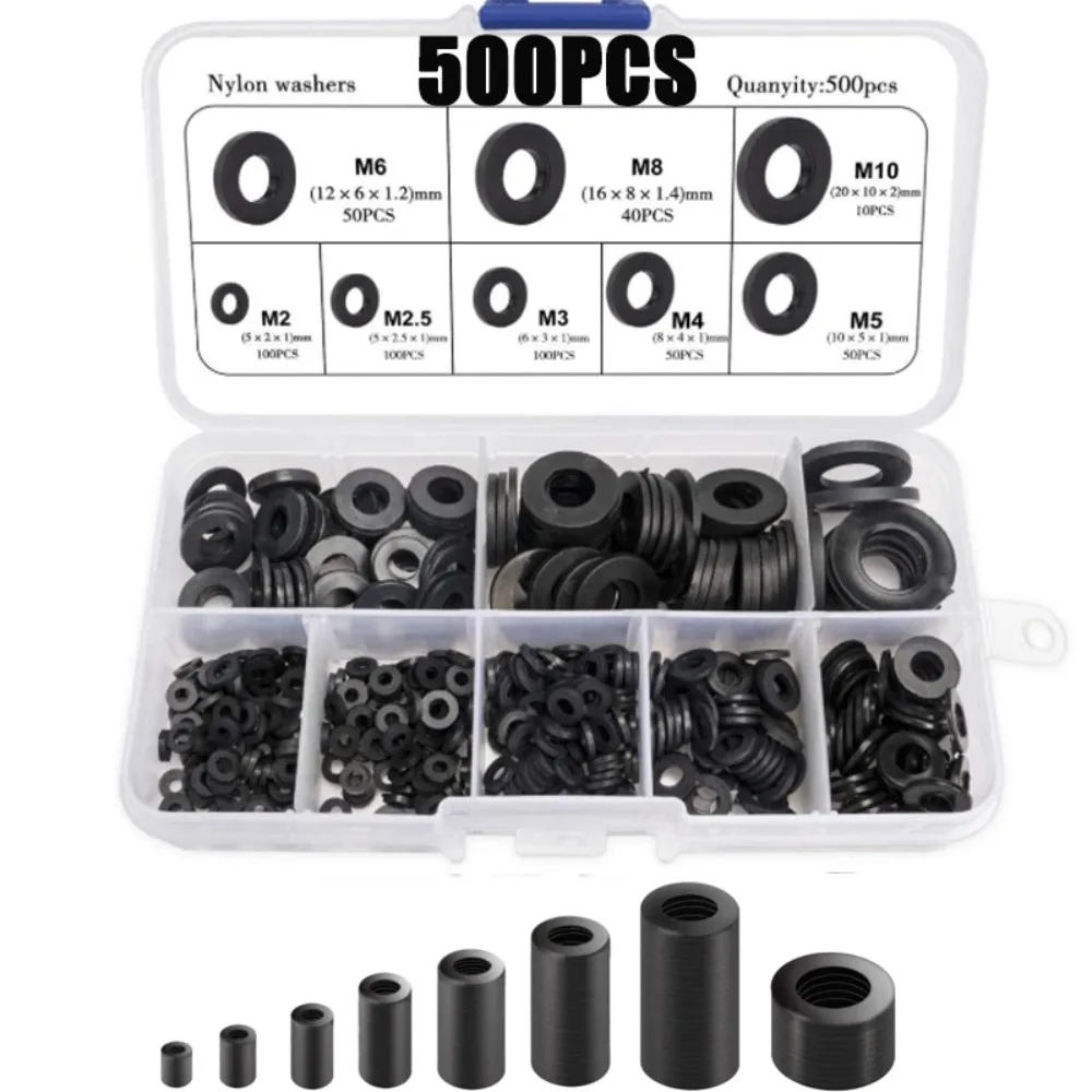 500-teiliges Nylon-Unterlegscheiben-Sortiment-Set, Sicherheitsplatten in 8 Größen, M2, M2, 5, M3, M4, M5, M6, M8, M10, Dichtungsscheiben Image