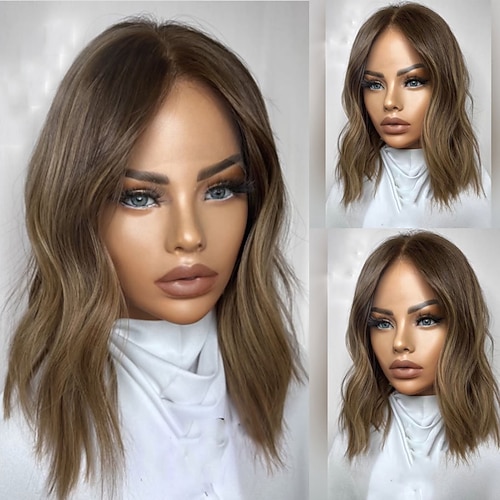 Echthaar 5x5 Verschluss 13x4 Spitzenfront Perücke Kurzer Bob Brasilianisches Haar Gewellt Mehrfarbig Perücke 150% 180% Haardichte mit Babyhaaren Ombre-Haar Hervorgehobenes / Balayage-Haar 100 Image