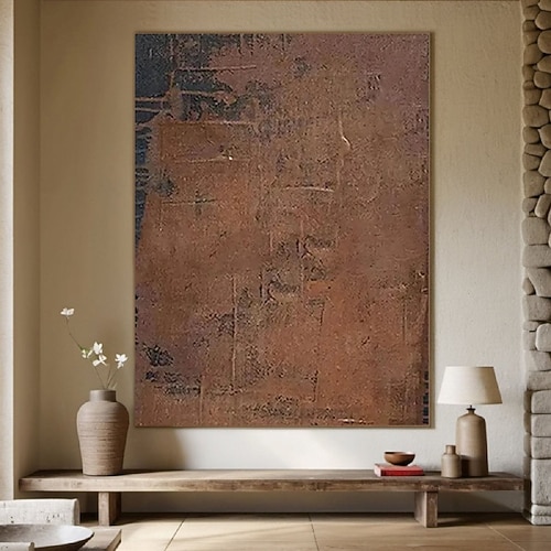 handgemachtes strukturiertes Ölgemälde abstrakte Erdtöne gealterter Effekt braun taupe tiefe Kohle Risse Leinwand Wandkunst Vintage inspiriert minimalistisches Dekor Wohnzimmer fertig zum Aufhängen Image