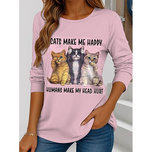 Frauen T-Shirt Rundhals Langarm Tunika Grafik Katze Buchstabe Vintage Stilvoll Klassisch Rundhals Regelmäßige Oberteile Täglicher Wochenend Druck Weiß Schwarz Schwarz Weiß Pink Grün Frühling Herbst Image