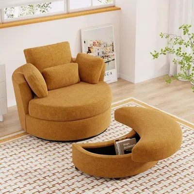 Oversized Swivel Accent Chair with Half Moon Storage Ottoman, 42'' W Chenille Round Swivel Barrel Chair, Modern Upholstered Comf
