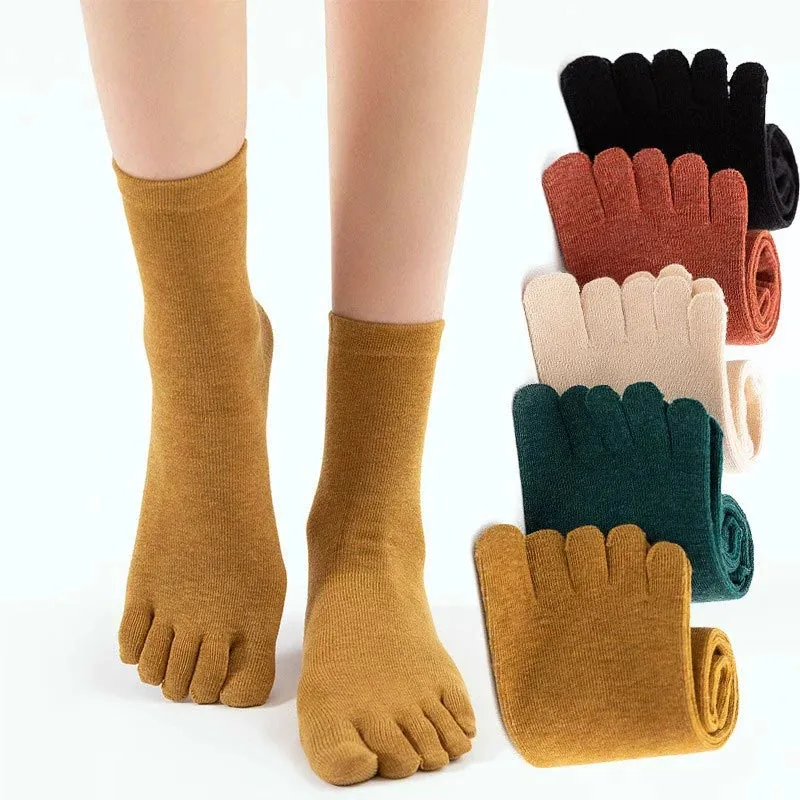 Fünf-Finger-Socken für Damen und Mädchen, kurz, Baumwolle, solide, lässig, weich, schweißabsorbierend, antibakteriell, atmungsaktiv, warm, mittlere Röhre, Zehensocken Image
