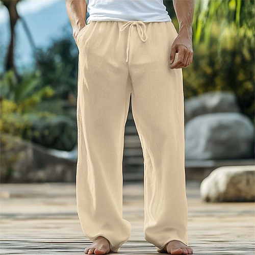 Herren Leinenhosen Hose Sommerhose Baggy-Hosen Kordelzug Elastischer Bund Gerader Schnitt Einfach Komfort Atmungsaktiv Volle Länge Outdoor Heim Yoga Mode Streetwear Schwarz Weiß Unelastisch Image