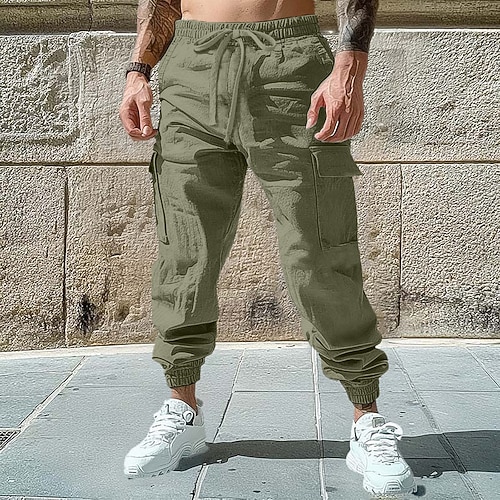 Herren Cargo-Hosen Leinenhosen Hose Sommerhose Jogginghose Kordelzug Elastischer Bund Einfach Komfort Atmungsaktiv Volle Länge Lässig Täglich Outdoor Urlaub Mode Schwarz Himmelblau Unelastisch Image