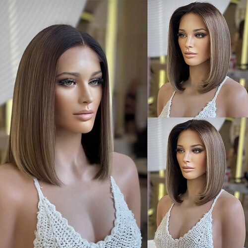 Unbehandeltes Echthaar 5x5 Verschluss 13x4 Spitzenfront Perücke Kurzer Bob Brasilianisches Haar Glatt Mehrfarbig Perücke 130% 150% Haardichte Ombre-Haar Hervorgehobenes / Balayage-Haar Natürlicher Image
