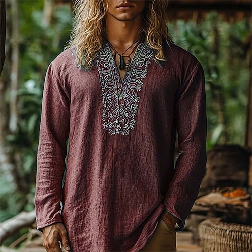 Herren Hemd Leinenhemd Popover-Hemd Sommerhemd Strandbekleidung Geometrisch Urlaub Straße Wein Marineblau Blau Langarm V Ausschnitt Sommer Frühling Bekleidung Image