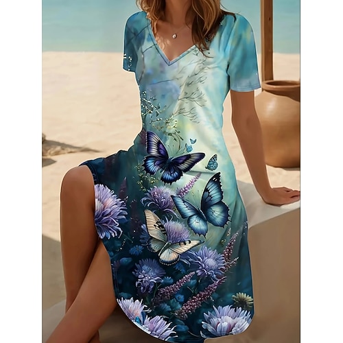 Damen Midikleid T-Shirt-Kleid A Linie Kleid Sommerkleid Urlaub Lässig Täglich Strand Ferien Normale Passform Blumen Grafik Tiermotiv Kurzarm V Ausschnitt Blau Rosa Purpur Dunkelblau Sommer Frühling Image