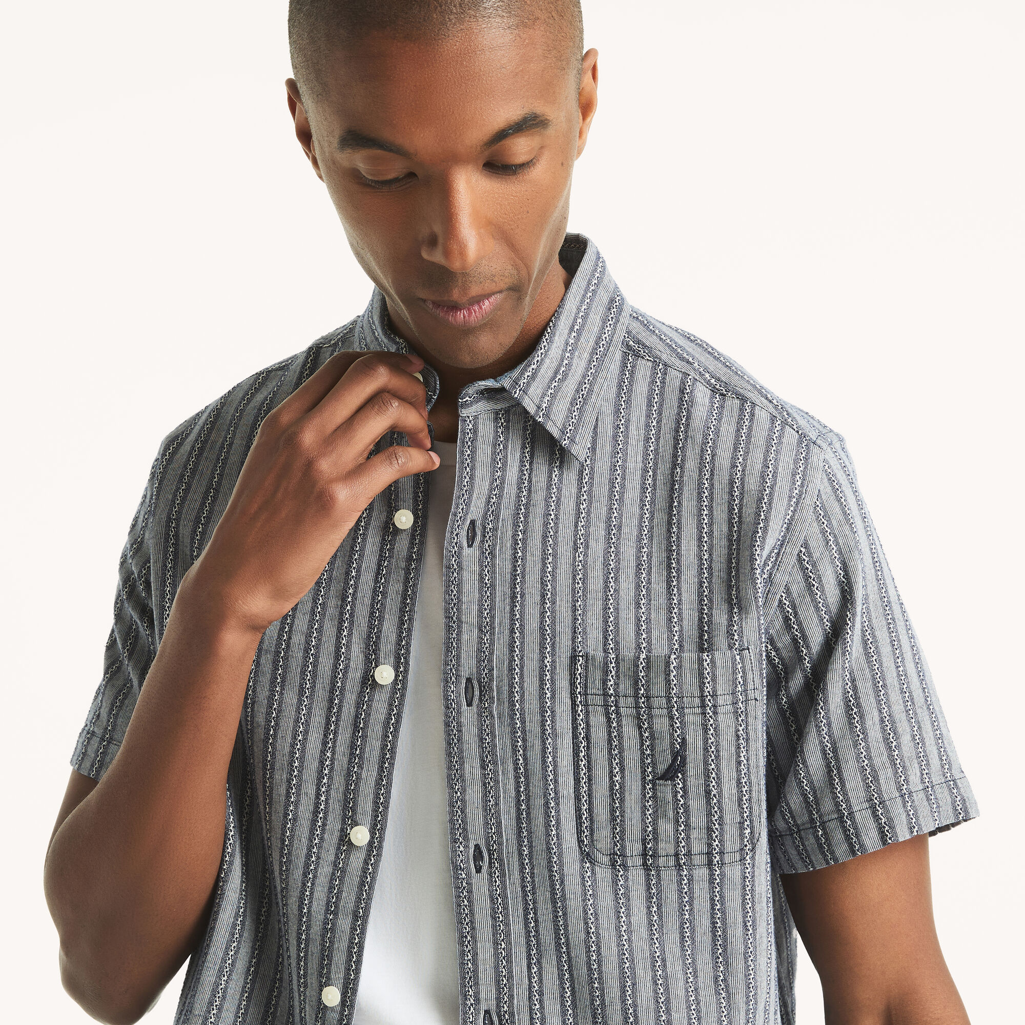 Nautica Men's Dobby Striped Short-Sleeve Shirt 482 (Stellar Blue Heather), L