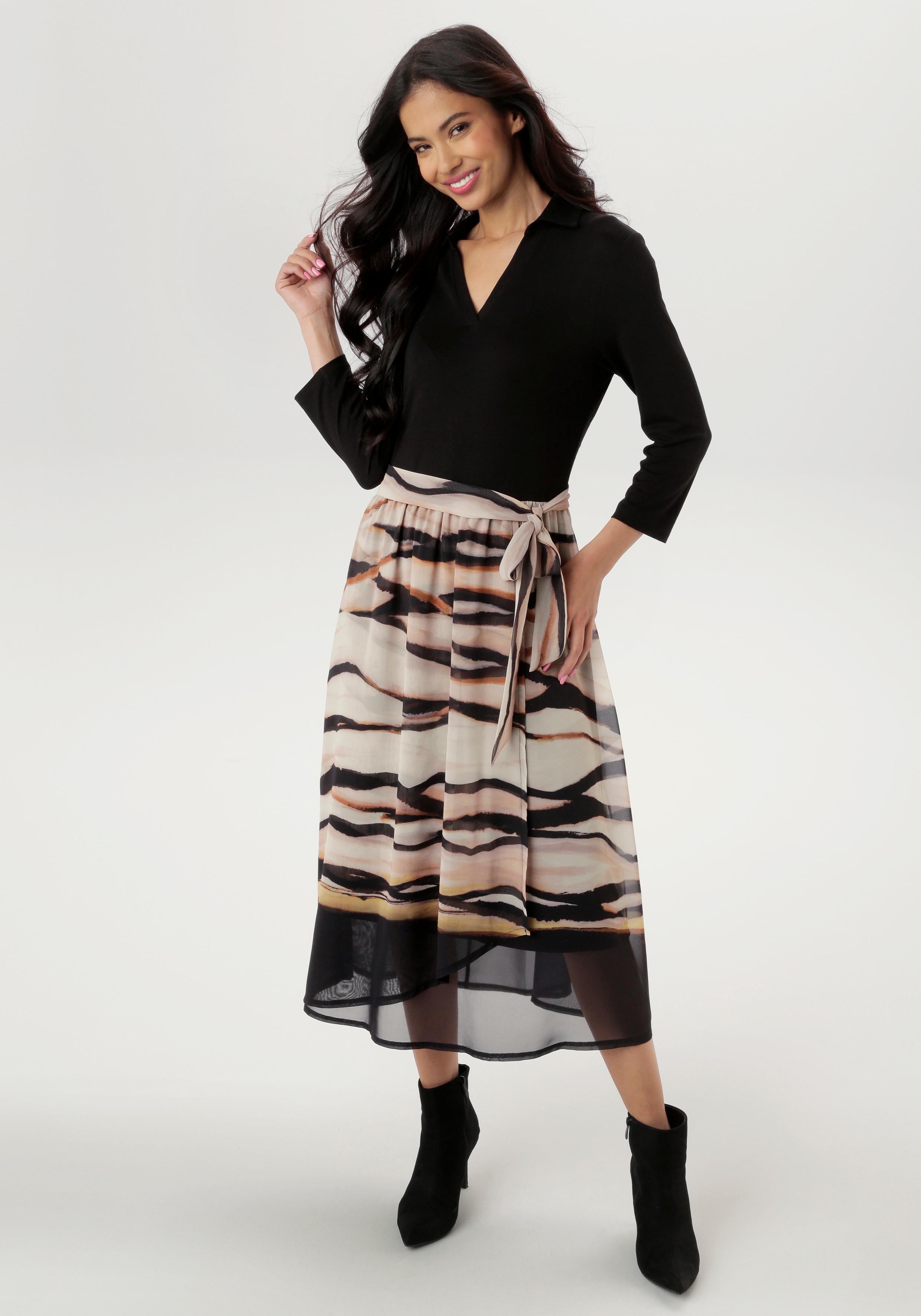 Jerseykleid ANISTON SELECTED, Damen, Gr. 46, N-Gr, schwarz (schwarz, camel, beige, ocker, zimt,), Chiffon, Obermaterial: 95% Viskose, 5% Elasthan. Futter: 95% Viskose, 5% Elasthan. Rock: 100% Polyester, animal-print, bedruckt, gemustert,...