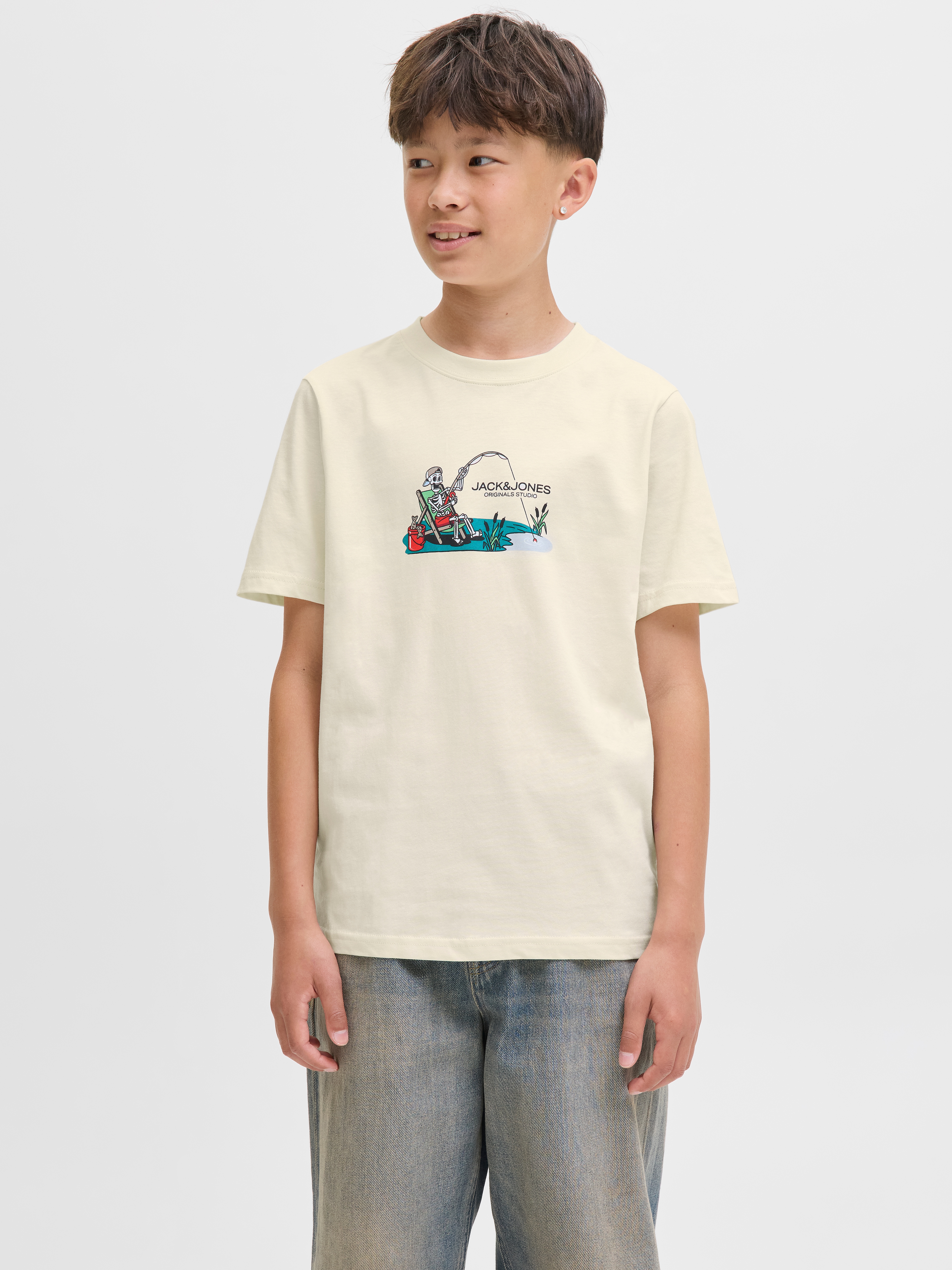 T-Shirt JACK & JONES JUNIOR "JORSKULL NATURE TEE SS CREW NECK SN JNR", Jungen, Gr. 140, weiß (antique weiß), Single Jersey, Obermaterial: 100% Baumwolle, bedruckt, regular fit normal, Rundhals, Shirts T-Shirt