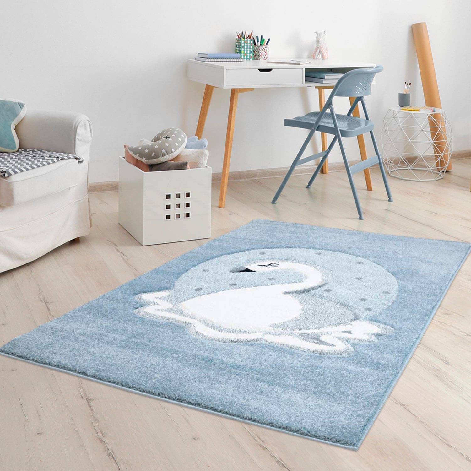 Kinderteppich CARPET CITY "Bueno Kids 1315" Gr. 2, blau, B:80cm H:13mm L:150cm, Kunstfaser, Teppiche, Spielteppich, Schwan, 3D-Effekt, Weicher Flor, Pflegeleicht Image