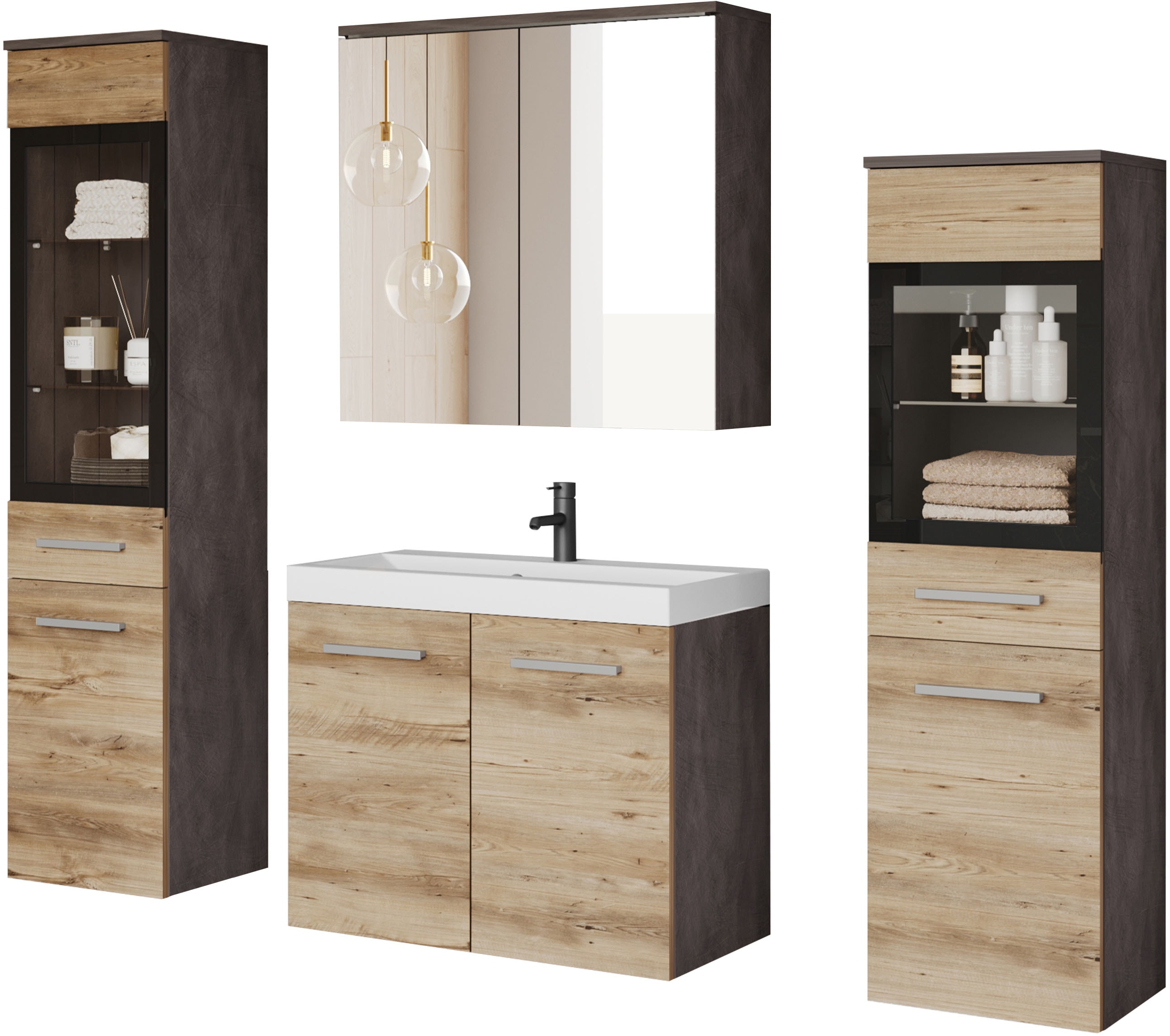 Badmöbel-Set WELLTIME "MADRIT II, Schrank mit Waschbecken, 2 Hänger, Spiegelschrank", grau (matera anthrazit, kastanien breslau), B:120,4cm H:131,5cm T:34,5cm, Holzwerkstoff, Kastenmöbel-Sets, Badmöbel-Set, Hängende Badmöbel mit Glaseinsätzen – in...