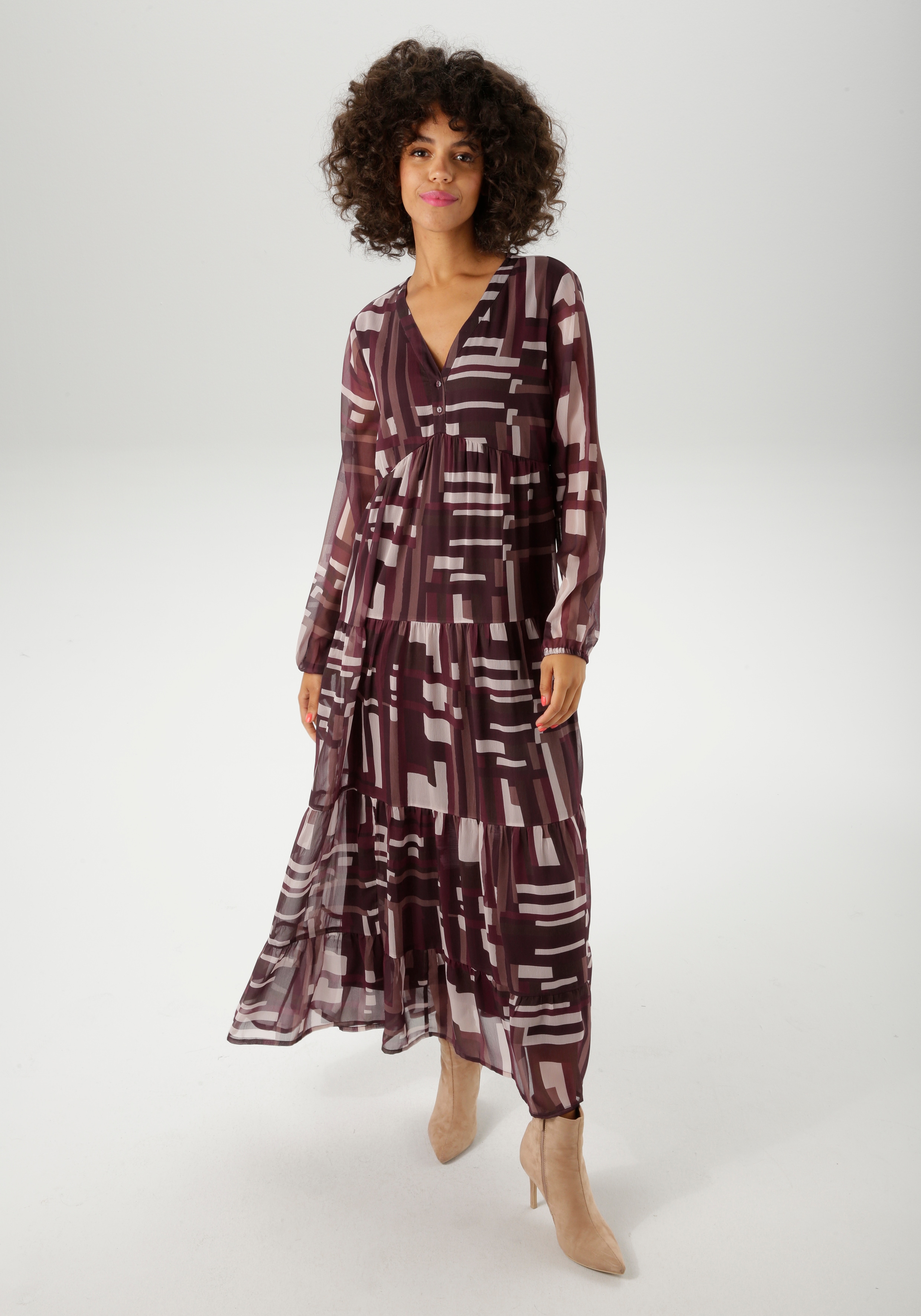 Maxikleid ANISTON CASUAL, Damen, Gr. 36, N-Gr, bordeaux, taupe, wollweiß, lila, Chiffon, Obermaterial: 100% Polyester. Futter: 100% Polyester, bedruckt, gemustert, figurumspielend knöchelfrei, V-Ausschnitt, elastischer Bund mit Gummizug, Kleider,... Image