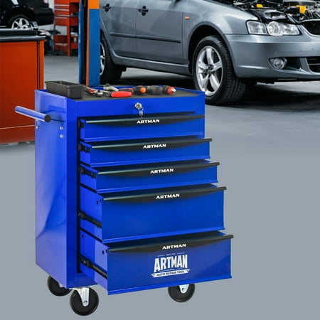 Rolling Metal Tool Chest with 5 Drawers 20 5-Drawer Tool Chest Cabinet with Ball Bearing Drawer Slides Steel Tool Storage Box Organizer for Garage Warehouse and Repair Shop Black and Blue