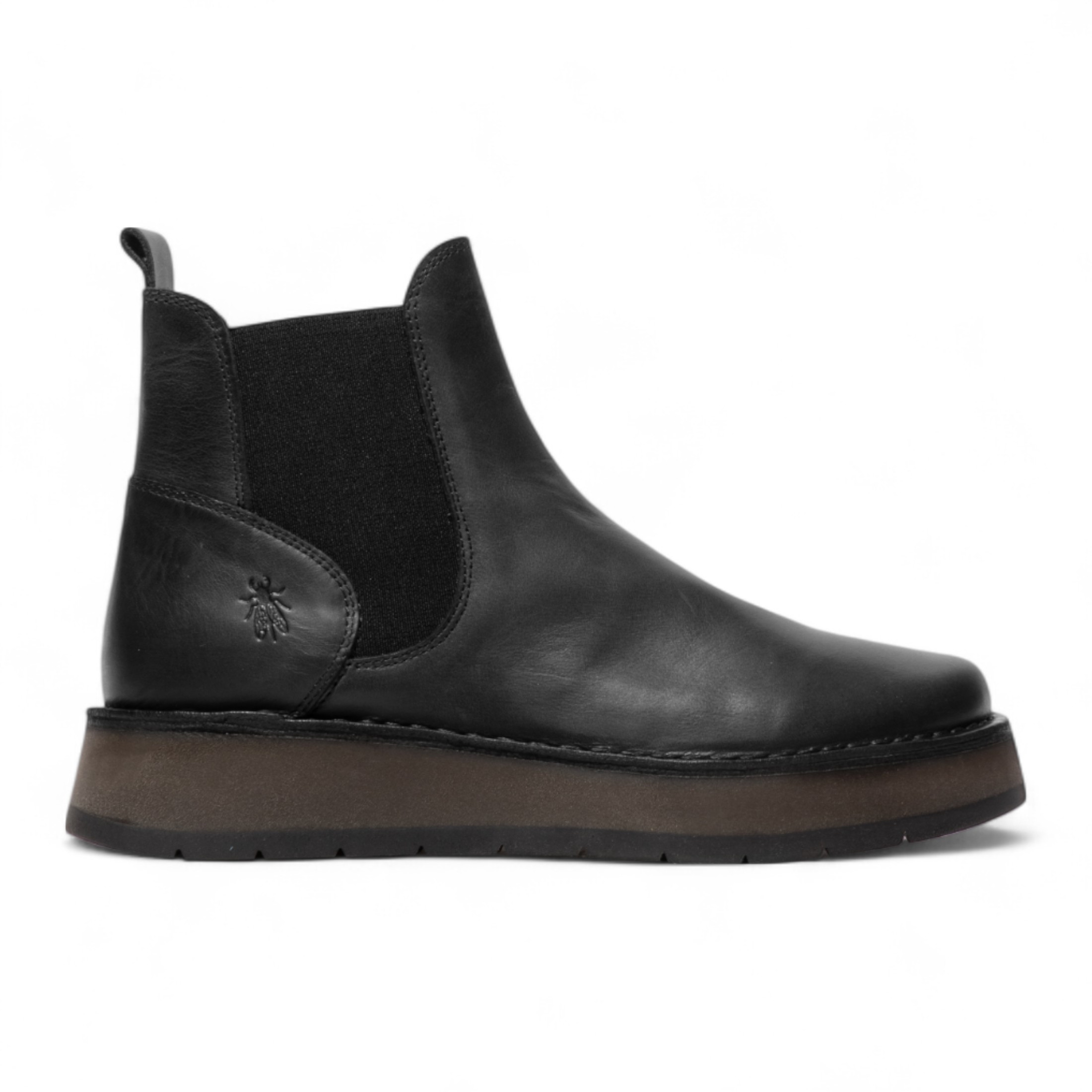 Fly London Damen RAWI131 Chelsea-Stiefel aus Leder, knöchelhoch, zum Hineinschlüpfen, klassisch, bequem, Schwarz